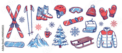 Collection of hand-drawn winter sports equipment and accessories in red and blue colors, including skis, snowboard, helmet, and jacket