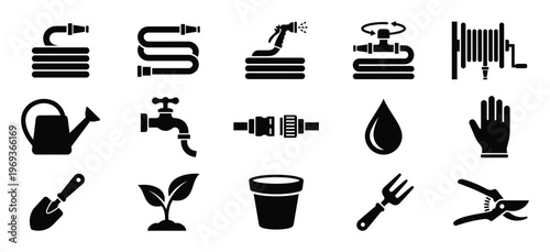 Collection of black silhouette gardening tools and watering equipment icons arranged neatly on a clean white surface