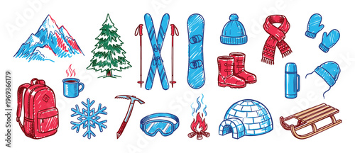 Collection of hand-drawn winter sports and outdoor activity items in a vibrant, colorful sketch style