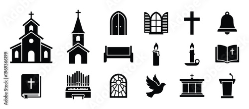 Collection of black silhouette church and religious icons, including buildings, crosses, candles, and a dove, on a white surface