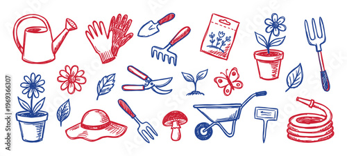 Various red and blue hand-drawn gardening tools and elements are arranged in a playful pattern, illustrating a love for horticulture