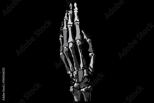 A grayscale illustration depicts a human hand skeleton against black