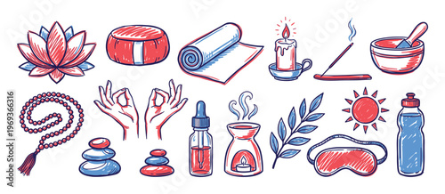 Collection of hand-drawn yoga and meditation elements in red and blue, including a lotus flower, prayer beads, and essential oils