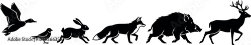 Wildlife animal silhouette collection featuring flying duck, small bird, running hare, fox, wild boar and deer, minimalist vector set isolated on white background