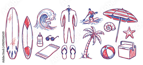 Collection of hand-drawn red and blue beach and surf items, including boards, umbrella, and palm tree