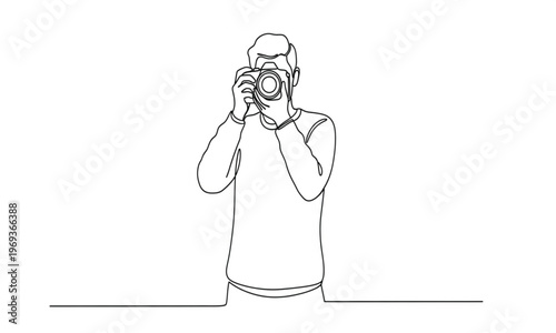 Continuous one line drawing of photographer taking picture with camera minimal vector illustration isolated on white