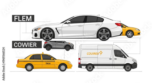 Various car types in illustration with white and yellow vehicles