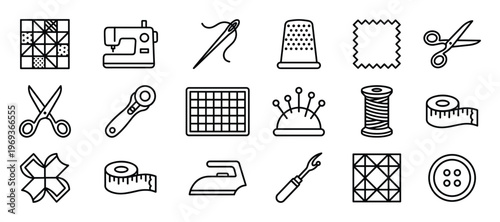 Collection of various sewing and quilting tools, including scissors, a sewing machine, thread, and fabric, depicted as simple black outline icons
