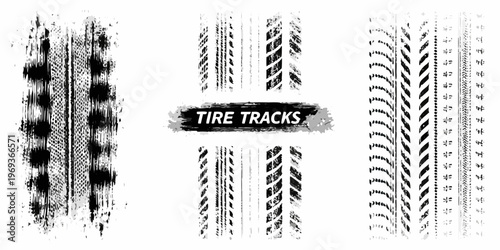 Collection of various black tire track impressions on a white background