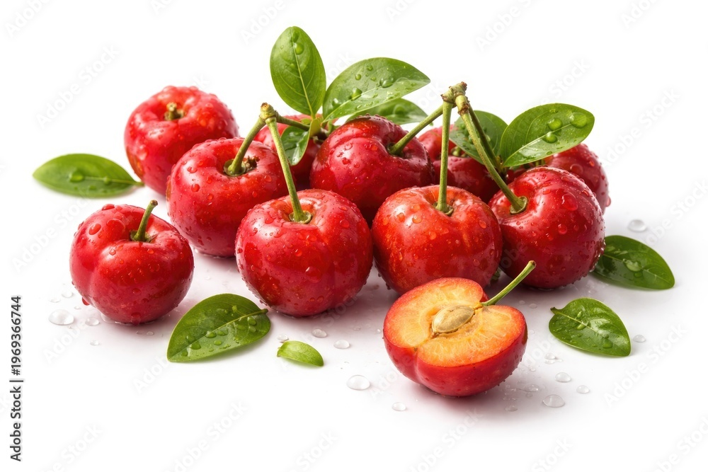 Obraz premium Fresh Acerola Cherries with Leaves and Water Droplets on White Background