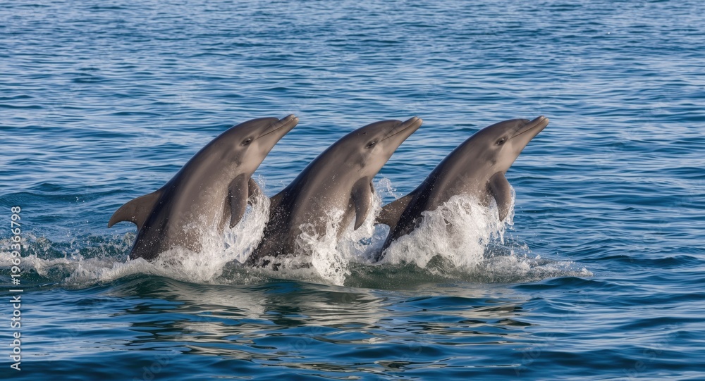 Obraz premium Three active bottlenose dolphins jumping in sync with copy space