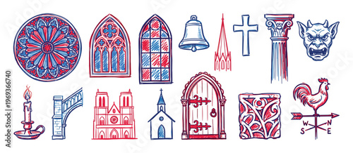 Collection of hand-drawn red and blue gothic architecture elements, including stained glass windows, a gargoyle, and a church