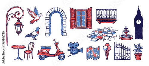 Various hand-drawn European travel elements including a street lamp, pigeons, archway, window, and scooter, rendered in a sketch style