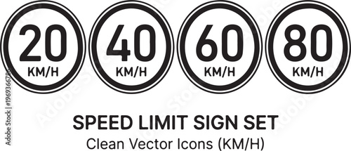 Set of four clean vector speed limit signs with numbers 20, 40, 60, 80 KM/H.