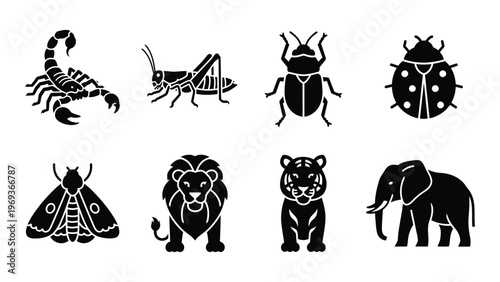 A collection of black silhouettes depicting various insects and animals arranged on a white background silhouette high quality professional detailed modern