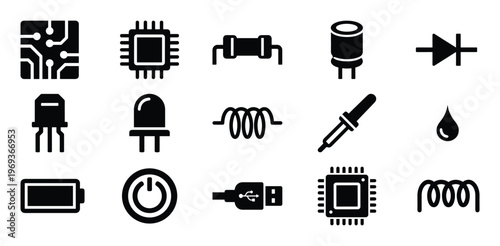 Collection of black silhouette electronic components and symbols, including circuit boards, chips, resistors, and a battery, presented as icons