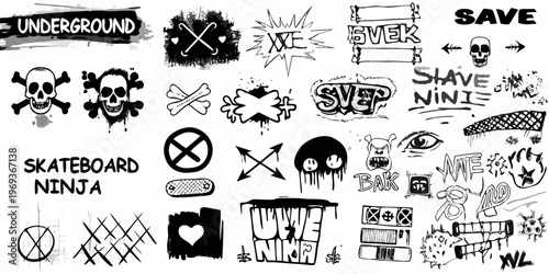 Collection of black and white graffiti style drawings and rebellious slogans