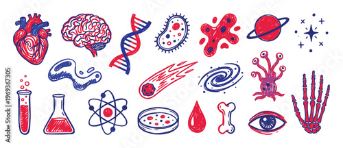 Collection of hand-drawn science doodles in red and blue, featuring various biological, chemical, and astronomical elements