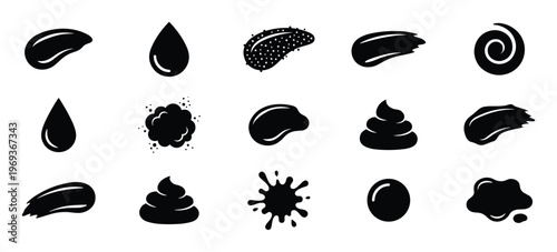 Collection of various black liquid shapes, drops, and smears in a simple graphic style