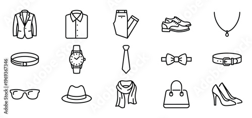 Collection of fifteen outline icons representing various fashion accessories and clothing items for men and women