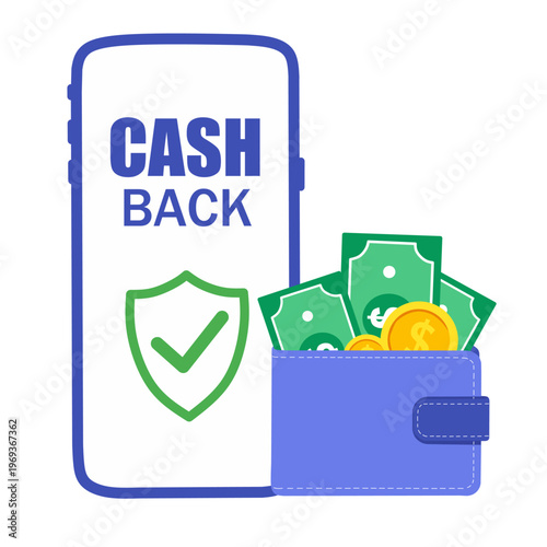 Cashback Concept with Wallet and Shield, Money Refund and Reward Program, Financial Savings and Payment Protection