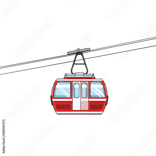 Red cable car cabin suspended from two parallel cables against a white background