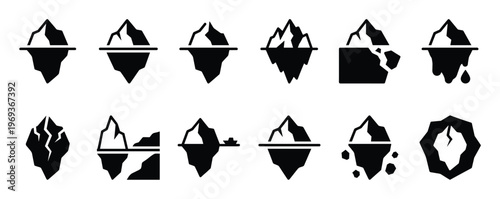 Collection of black iceberg icons depicting various shapes, sizes, and states, including melting and breaking