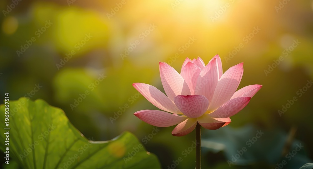 Obraz premium Tranquil lotus flower developing in soft sun glow