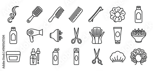 Collection of various outline icons representing different hair care tools and products, presented in a clean, modern style