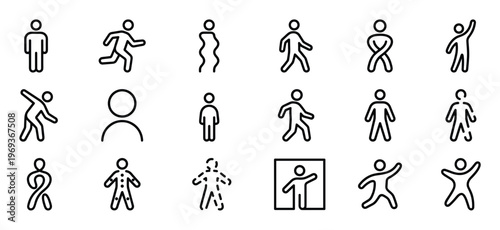 Collection of various black outline human figure icons depicting different poses and actions, presented in a clean, modern style