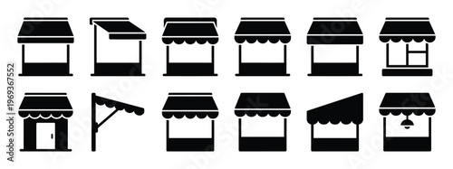 Collection of twelve black silhouette shop and market stall icons in various styles, presented as a flat graphic illustration