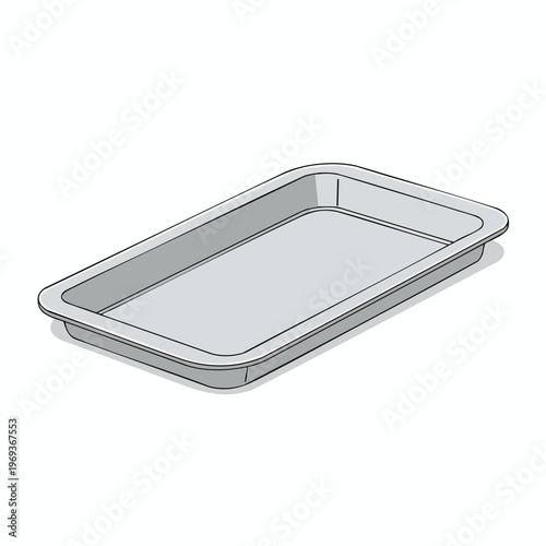 Gray metal baking tray with slightly raised sides and rounded corners