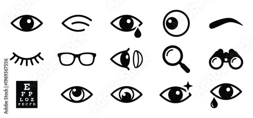 Various black and white eye-related icons are neatly arranged, depicting different aspects of vision and optical health