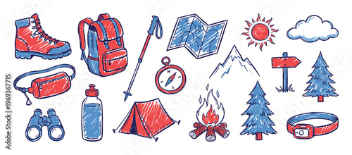 Collection of hand-drawn camping and hiking gear illustrations in a vibrant red and blue sketch style