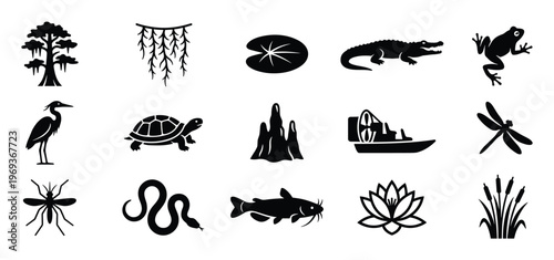 Collection of black silhouette icons depicting various swamp and wetland elements, including animals, plants, and an airboat