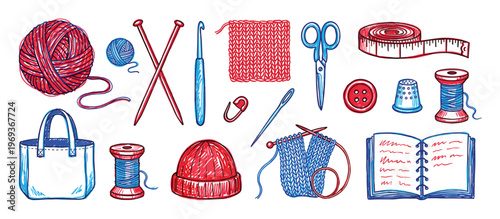 Collection of red and blue hand-drawn knitting and sewing tools, including yarn, needles, scissors, and a measuring tape, arranged neatly