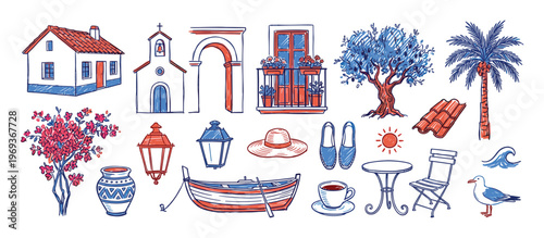Collection of hand-drawn Mediterranean-themed elements, including a house, church, balcony, boat, and various plants, in a vibrant sketch style