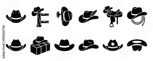 Collection of black silhouette cowboy hats and western items, including a saddle, rope, and hay bale, in a graphic style