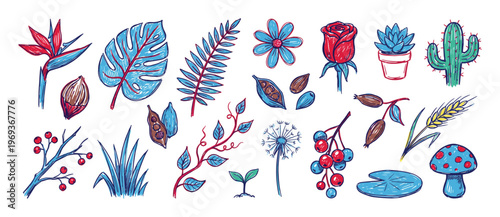 Vibrant collection of hand-drawn botanical elements features various plants, flowers, leaves, and berries in a colorful doodle style