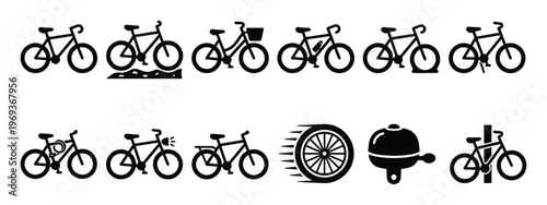 Collection of black bicycle icons and related accessories, including various bike types, a wheel, and a bell, presented in a clean, graphic style