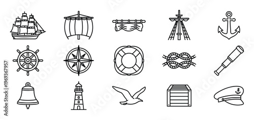 Collection of fifteen nautical themed black outline icons, including a ship, anchor, wheel, and compass, presented in a clean, minimalist style