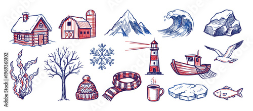 Collection of hand-drawn winter and nautical themed illustrations in a sketch style with red and blue accents
