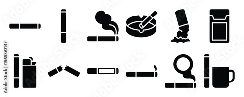 Collection of black silhouette cigarette icons including smoking, ashtray, lighter, and broken cigarette, presented in a clean, graphic style