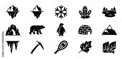 Collection of fifteen black and white flat icons depicting various arctic and winter-related elements and symbols