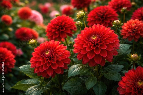 Colorful floral background with blooming red dahlias and rich green leaves