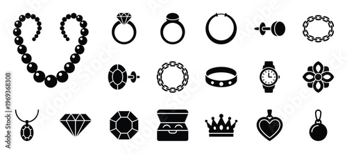 Collection of black silhouette jewelry icons including rings, necklaces, earrings, and watches, presented in a clean, graphic style