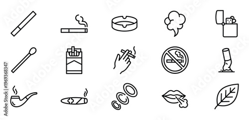 Comprehensive collection of smoking-related outline icons, including cigarettes, cigars, lighters, ashtrays, and no-smoking signs, presented in a clean, minimalist style