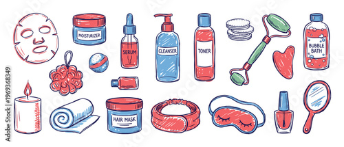 Various hand-drawn skincare and beauty products are neatly arranged in a colorful, doodle-style collection, depicting a spa or self-care routine