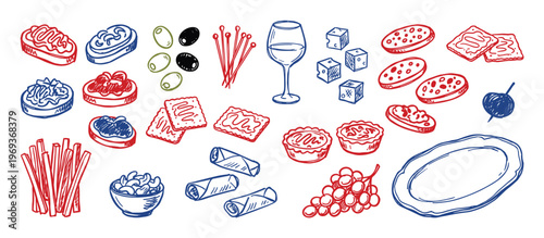 Vibrant collection of hand-drawn appetizers and snacks, including bruschetta, olives, cheese, and crackers, in a playful doodle style