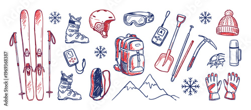 Various hand-drawn winter sports and mountaineering equipment, including skis, boots, helmet, goggles, and backpack, depicted in a doodle style